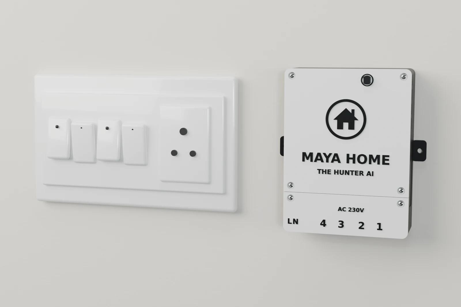 The 4 channel MAYA HOME box on a wall beside a switchboard