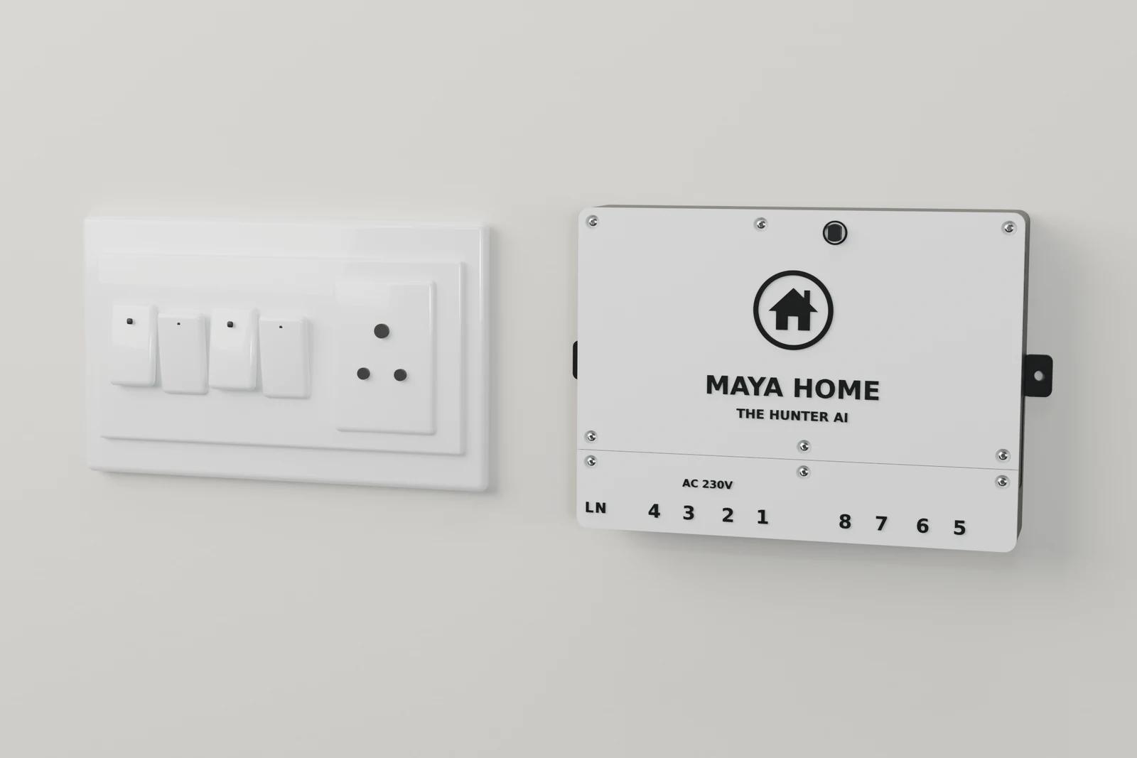 The 8 channel MAYA HOME box on a wall beside a switchboard