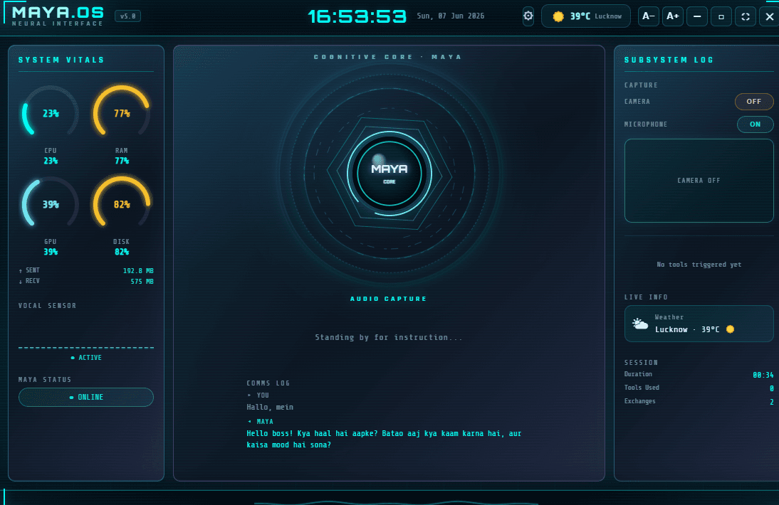 Maya Neural Interface HUD — system vitals, voice capture and live tool activity